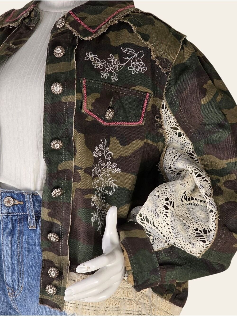 POL Camo Lace Balloon Sleeve Jacket Boho Western Shacket NWT Large - Picture 6 of 10